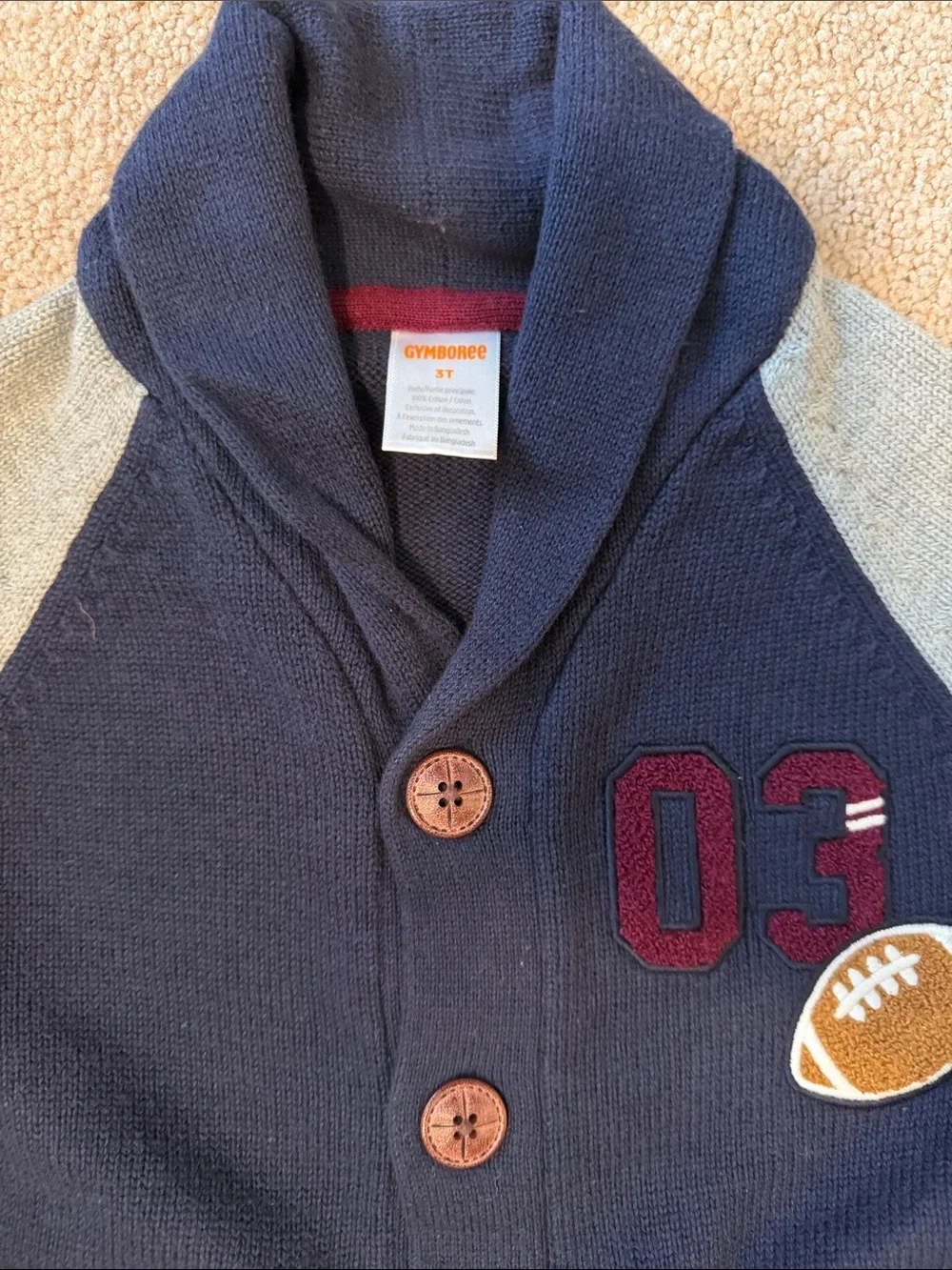 Gymboree Navy, Gray & Maroon Shawl Collar Football Cardigan
